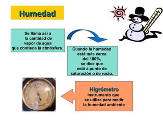 Humedad
Se llama así a
la cantidad de
vapor de agua
que contiene la atmósfera.
atmósfera

Cuando la humedad
está más cerca
del 100%,
se dice que
está a punto de
saturación o de rocío.

Higrómetro
Instrumento que
se utiliza para medir
la humedad ambiente

 