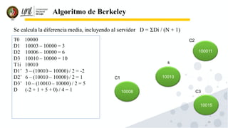38
Algoritmo de Berkeley
Se calcula la diferencia media, incluyendo al servidor D = ΣDi / (N + 1)
T0 10000
D1 10003 – 10000 = 3
D2 10006 – 10000 = 6
D3 10010 – 10000 = 10
T1i 10010
D1’ 3 – (10010 – 10000) / 2 = -2
D2’ 6 – (10010 – 10000) / 2 = 1
D3’ 10 – (10010 – 10000) / 2 = 5
D (-2 + 1 + 5 + 0) / 4 = 1
100011
10015
10010
10008
s
C2
C3
C1
 