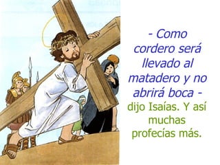 - Como cordero será llevado al matadero y no abrirá boca - dijo Isaías. Y así muchas profecías más. 