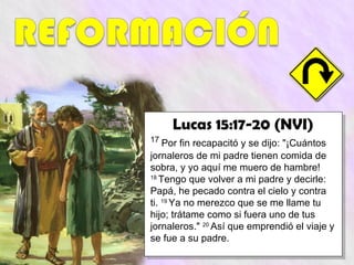 Lucas 15:17-20 (NVI)
17
    Por fin recapacitó y se dijo: "¡Cuántos
jornaleros de mi padre tienen comida de
sobra, y yo aquí me muero de hambre!
18
   Tengo que volver a mi padre y decirle:
Papá, he pecado contra el cielo y contra
ti. 19 Ya no merezco que se me llame tu
hijo; trátame como si fuera uno de tus
jornaleros." 20 Así que emprendió el viaje y
se fue a su padre.
 