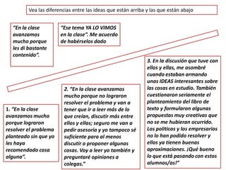 “En la clase
avanzamos
mucho porque
les di bastante
contenido”.
1. “En la clase
avanzamos mucho
porque lograron
resolver el problema
planteado sin que yo
les haya
recomendado cosa
alguna”.
2. “En la clase avanzamos
mucho porque no lograron
resolver el problema y van a
tener que ir a leer más de lo
que creían, discutir más entre
ellos y ellas; seguro me van a
pedir asesoría y yo tampoco sé
suficiente para al menos
discutir o proponer algunas
cosas. Voy a leer yo también y
preguntaré opiniones a
colegas.”
3. En la discusión que tuve con
ellos y ellas, me asombré
cuando estaban armando
unas IDEAS interesantes sobre
las cosas en estudio. También
cuestionaron seriamente el
planteamiento del libro de
texto y formularon algunas
propuestas muy creativas que
no se me hubieran ocurrido.
Los políticos y los empresarios
no lo han podido resolver y
ellos ya tienen buenas
aproximaciones. ¡Qué bueno
lo que está pasando con estos
alumnos/as!”
“Ese tema YA LO VIMOS
en la clase”. Me acuerdo
de habérselos dado
Vea las diferencias entre las ideas que están arriba y las que están abajo
 