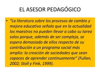 EL ASESOR PEDAGÓGICO
• “La literatura sobre los procesos de cambio y
mejora educativa señala que en la actualidad
los maestros no pueden llevar a cabo su tarea
solos porque, además de ser compleja, se
espera demasiado de ellos respecto de su
contribución a un programa social más
amplio: la creación de sociedades que sean
capaces de aprender continuamente” (Fullan,
2002; Stoll y Fink, 1999).
 