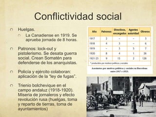 Conflictividad social
Huelgas.
La Canadiense en 1919. Se
aprueba jornada de 8 horas.
Patronos: lock-out y
pistolerismo. Se desata guerra
social. Crean Somatén para
defenderse de los anarquistas.
Policía y ejército colaboran:
aplicación de la “ley de fugas”.
Trienio bolchevique en el
campo andaluz (1918-1920).
Miseria de jornaleros y efecto
revolución rusa (huelgas, toma
y reparto de tierras, toma de
ayuntamientos)
 