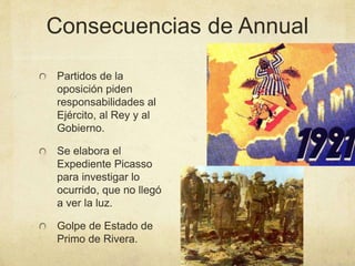 Consecuencias de Annual
Partidos de la
oposición piden
responsabilidades al
Ejército, al Rey y al
Gobierno.
Se elabora el
Expediente Picasso
para investigar lo
ocurrido, que no llegó
a ver la luz.
Golpe de Estado de
Primo de Rivera.
 