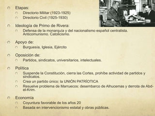 Etapas:
Directorio Militar (1923-1925)
Directorio Civil (1925-1930)
Ideología de Primo de Rivera:
Defensa de la monarquía y del nacionalismo español centralista.
Anticomunismo. Catolicismo.
Apoyo de:
Burguesía, Iglesia, Ejército
Oposición de:
Partidos, sindicatos, universitarios, intelectuales.
Política
Suspende la Constitución, cierra las Cortes, prohíbe actividad de partidos y
sindicatos.
Crea un partido único: la UNIÓN PATRÍOTICA
Resuelve problema de Marruecos: desembarco de Alhucemas y derrota de Abd-
el-Krim.
Economía
Coyuntura favorable de los años 20
Basada en intervencionismo estatal y obras públicas.
 