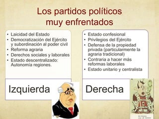 Los partidos políticos
muy enfrentados
• Laicidad del Estado
• Democratización del Ejército
y subordinación al poder civil
• Reforma agraria
• Derechos sociales y laborales
• Estado descentralizado:
Autonomía regiones.
Izquierda
• Estado confesional
• Privilegios del Ejército
• Defensa de la propiedad
privada (particularmente la
agraria tradicional)
• Contraria a hacer más
reformas laborales
• Estado unitario y centralista
Derecha
 