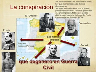 La conspiración
Franco
Mola
Goded
Los militares
golpistas
El “Director”
Sanjurjo
Exilio en Portugal
“Es necesario crear una atmósfera de terror,
hay que dejar sensación de dominio
eliminando sin
escrúpulos ni vacilación a todo el que no
piense como nosotros. Tenemos que causar
una gran impresión, todo aquel que sea
abierta o secretamente defensor del Frente
Popular debe ser fusilado”. MOLA
El jefe
Cabanellas
Queipo de Llano
 