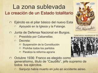 La zona sublevada
La creación de un Estado totalitario
Ejército es el pilar básico del nuevo Estado.
Apoyado en la Iglesia y la Falange.
Junta de Defensa Nacional en Burgos.
Presidida por Cabanellas
Decreta:
Suspensión de la Constitución
Prohíbe todos los partidos
Paraliza la reforma agraria
Octubre 1936: Franco es elegido como
generalísimo, titulo de “Caudillo”, jefe supremo de
todos los ejércitos.
Sanjurjo había muerto en julio en accidente aéreo.
Cartel satírico republicano de 193
 