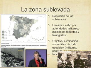 La zona sublevada
Represión de los
sublevados.
Llevada a cabo por
autoridades militares,
milicias de requetés y
falangistas.
Objetivo: eliminación
sistemática de toda
oposición (militares,
políticos, sindicalistas,
funcionarios)GILA:
Nos fusilaron mal
Badajoz Mujeres rapadas por tener familia republicana
 