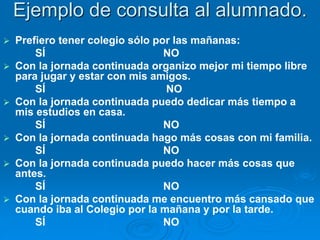 Ejemplo de consulta al alumnado. 
 Prefiero tener colegio sólo por las mañanas: 
SÍ NO 
 Con la jornada continuada organizo mejor mi tiempo libre 
para jugar y estar con mis amigos. 
SÍ NO 
 Con la jornada continuada puedo dedicar más tiempo a 
mis estudios en casa. 
SÍ NO 
 Con la jornada continuada hago más cosas con mi familia. 
SÍ NO 
 Con la jornada continuada puedo hacer más cosas que 
antes. 
SÍ NO 
 Con la jornada continuada me encuentro más cansado que 
cuando iba al Colegio por la mañana y por la tarde. 
SÍ NO 
 