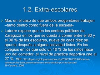 1.2. Extra-escolares 
 Más en el caso de que ambos progenitores trabajen 
–tanto dentro como fuera de la escuela- 
 Latorre expone que en los centros públicos de 
Zaragoza en los que se queda a comer entre el 80 y 
el 90 % de los escolares, nueve de cada diez se 
apunta después a alguna actividad física. En los 
colegios en los que sólo un 10 % de los niños hace 
uso del comedor, el nivel de práctica deportiva cae al 
27 %. Ver http://fapar.org/blogfapar/index.php/2006/10/29/el-60-de-los-adolescentes- 
latinoamericanos-se-siente-atraido-por-las-bandas/ 
29 Octubre, 2006 
 