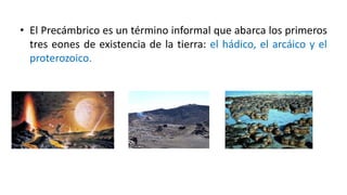 • El Precámbrico es un término informal que abarca los primeros
tres eones de existencia de la tierra: el hádico, el arcáico y el
proterozoico.
 
