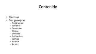 Contenido
• Objetivos
• Eras geológicas
– Precámbrico
– Cámbrico
– Ordovícico
– Silúrico
– Devónico
– Carbonífero
– Pérmico
– Triásico
– Jurásico
 