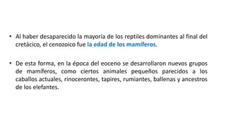 • Al haber desaparecido la mayoría de los reptiles dominantes al final del
cretácico, el cenozoico fue la edad de los mamíferos.
• De esta forma, en la época del eoceno se desarrollaron nuevos grupos
de mamíferos, como ciertos animales pequeños parecidos a los
caballos actuales, rinocerontes, tapires, rumiantes, ballenas y ancestros
de los elefantes.
 