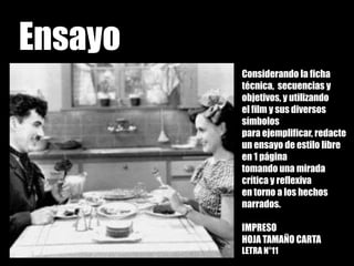 EnsayoConsiderando la fichatécnica,  secuencias y objetivos, y utilizandoel film y sus diversos símbolospara ejemplificar, redacteun ensayo de estilo libre en 1 páginatomando una mirada crítica y reflexiva en torno a los hechosnarrados.IMPRESOHOJA TAMAÑO CARTALETRA N°11