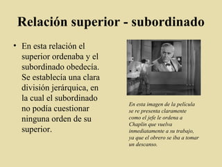 Relación superior - subordinado
• En esta relación el
superior ordenaba y el
subordinado obedecía.
Se establecía una clara...