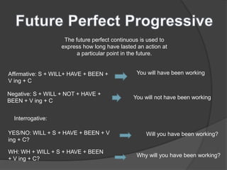 The future perfect continuous is used to
express how long have lasted an action at
a particular point in the future.
Affirmative: S + WILL+ HAVE + BEEN +
V ing + C
You will have been working
Negative: S + WILL + NOT + HAVE +
BEEN + V ing + C
You will not have been working
Interrogative:
YES/NO: WILL + S + HAVE + BEEN + V
ing + C?
Will you have been working?
WH: WH + WILL + S + HAVE + BEEN
+ V ing + C?
Why will you have been working?
 