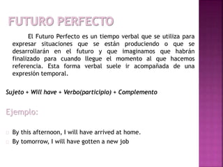 El Futuro Perfecto es un tiempo verbal que se utiliza para 
expresar situaciones que se están produciendo o que se 
desarrollarán en el futuro y que imaginamos que habrán 
finalizado para cuando llegue el momento al que hacemos 
referencia. Esta forma verbal suele ir acompañada de una 
expresión temporal. 
Sujeto + Will have + Verbo(participio) + Complemento 
Ejemplo: 
By this afternoon, I will have arrived at home. 
By tomorrow, I will have gotten a new job 
 
