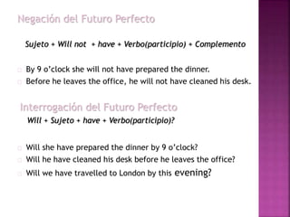 Negación del Futuro Perfecto 
Sujeto + Will not + have + Verbo(participio) + Complemento 
By 9 o’clock she wiIl not have prepared the dinner. 
Before he leaves the office, he will not have cleaned his desk. 
Interrogación del Futuro Perfecto 
Will + Sujeto + have + Verbo(participio)? 
Will she have prepared the dinner by 9 o’clock? 
Will he have cleaned his desk before he leaves the office? 
Will we have travelled to London by this evening? 
 