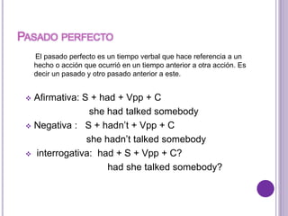 PASADO PERFECTO 
El pasado perfecto es un tiempo verbal que hace referencia a un 
hecho o acción que ocurrió en un tiempo anterior a otra acción. Es 
decir un pasado y otro pasado anterior a este. 
 Afirmativa: S + had + Vpp + C 
she had talked somebody 
 Negativa : S + hadn’t + Vpp + C 
she hadn’t talked somebody 
 interrogativa: had + S + Vpp + C? 
had she talked somebody? 
 
