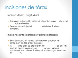 Incisiones de tórax
• Incisión Media Longitudinal

  • Inicia en la horquilla esternal y termina en el rtice del
         ndice xifoides
  • Se usa: abordaje del          n y del mediastino
    anterior.

• Incisiones anterolaterales y posterolaterales

  • Son oblicuas, en forma semicircular y siguen la
    dirección de los arcos costales
  • A      s de ellas se practican las           as por las
    que se opera la pleura, el        n, los rganos
    contenidos en el mediastino y los abordajes laterales
    al       n.
 