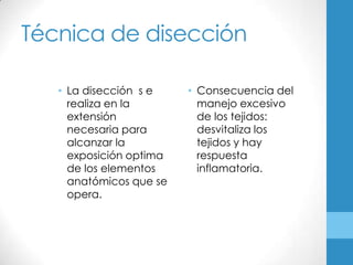 Técnica de disección

   • La disección s e    • Consecuencia del
     realiza en la         manejo excesivo
     extensión             de los tejidos:
     necesaria para        desvitaliza los
     alcanzar la           tejidos y hay
     exposición optima     respuesta
     de los elementos      inflamatoria.
     anatómicos que se
     opera.
 