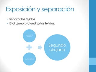 Exposición y separación
• Separar los tejidos.
• El cirujano profundiza los tejidos.


              Manual o
               activa




                                Segundo
                                cirujano

             automatica
 
