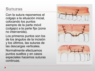Suturas
Con la sutura reponemos el
colgajo a la situación inicial,
colocando los puntos
siempre de la parte móvil
(colgajo) a la parte fija (zona
no intervenida).
Los primeros puntos son los
de los ángulos de la incisión
y los últimos, las suturas de
las descargas verticales.
Normalmente efectuamos
puntos sueltos y en casos
especiales hacemos suturas
continuas.
 