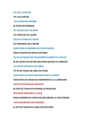 TU VAS A PARTIR 
TU VAS PARTIR 
YO ACABO DE DORMIR 
JE VIENS DE DORMIR 
TU ACABAS DE LAVARTE 
TU VIENS DE TE LAVER 
ELLOS ACABAN DE SALIR 
ILS VIENNENT DE PARTIR 
NOSOTROS ACABAMOS DE ACOSTARNOS 
NOUS VENONS DE NOUS COUCHER 
YO NO ACABABA DE DUCHARME CUANDO TU LLEGAS 
JE NE VIENS PAS DE ME DOUCHER QUAND TU ARRIVES 
TU ESTAS LEYENDO UN LIBRO 
TU ES EN TRAIN DE LIRE UN LIVRE 
VOSOTROS ESTAIS PASEANDO POR EL CAMPO 
VOUS ÊTES EN TRAIN DE PROMENER À LA CAMPAGNE 
ESTOY ESTUDIANDO FRANCÉS 
JE SUIS EN TRAIN D'ETUDIER LE FRANÇAIS. 
ESTAMOS MIRANDO LA TELE 
NOUS SOMMES EN TRAIN DE REGARDER LA TELEVISION. 
ESTA HACIENDO SUS DEBERES 
IL EST EN TRAIN DE FAIRE SES DEVOIRS. 
 