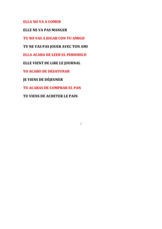 ELLA NO VA A COMER 
ELLE NE VA PAS MANGER 
TU NO VAS A JUGAR CON TU AMIGO 
TU NE VAS PAS JOUER AVEC TON AMI 
ELLA ACABA DE LEER EL PERIODICO 
ELLE VIENT DE LIRE LE JOURNAL 
YO ACABO DE DESAYUNAR 
JE VIENS DE DÉJEUNER 
TU ACABAS DE COMPRAR EL PAN 
TU VIENS DE ACHETER LE PAIN 
) 
 