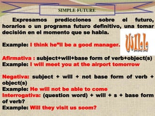 Expresamos predicciones sobre el futuro,
horarios o un programa futuro definitivo, una tomar
decisión en el momento que se habla.
Example: I think he”ll be a good manager.
Afirmativa : subject+will+base form of verb+object(s)
Example: I will meet you at the airport tomorrow
Negativa: subject + will + not base form of verb +
object(s)
Example: He will not be able to come
Interrogativa: (question word) + will + s + base form
of verb?
Example: Will they visit us soom?
 