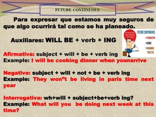 Para expresar que estamos muy seguros de
que algo ocurrirá tal como se ha planeado.
Auxiliares: WILL BE + verb + ING
Afirmativa: subject + will + be + verb ing
Example: I will be cooking dinner when younarrive
Negativa: subject + will + not + be + verb ing
Example: They won”t be living in paris time next
year
Interrogativa: wh+will + subject+be+verb ing?
Example: What will you be doing next week at this
time?
 