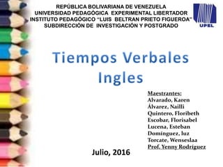 REPÚBLICA BOLIVARIANA DE VENEZUELA
UNIVERSIDAD PEDAGÓGICA EXPERIMENTAL LIBERTADOR
INSTITUTO PEDAGÓGICO “LUIS BELTRAN PRIETO FIGUEROA”
SUBDIRECCIÓN DE INVESTIGACIÓN Y POSTGRADO
Julio, 2016
Maestrantes:
Alvarado, Karen
Álvarez, Nailli
Quintero, Floribeth
Escobar, Florisabel
Lucena, Esteban
Domínguez, luz
Torcate, Wenseslaa
Prof. Yenny Rodríguez
 