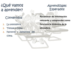 ¿Qué vamos
a aprender?
Contenidos
1. La atmosfera
2. Tiempo y Clima
3. Factores y elementos del
clima.
Aprendizajes
Esperados
Reconocer de información
relevante y comprender como
funciona la dinámica de la
atmosfera.
 
