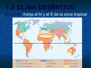 1.3 CLIMA DESÉRTICO1.3 CLIMA DESÉRTICO
 Situación: franja al N y al S de la zona tropical
 