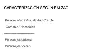 CARACTERIZACIÓN SEGÚN BALZAC
Personalidad / Probablidad-Creíble
Carácter / Necesidad
-----------------------------
Personajes pólvora
Personajes volcán
 