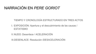 NARRACIÓN EN PERE GORIOT
TIEMPO Y CRONOLOGÍA ESTRUCTURADO EN TRES ACTOS
I. EXPOSICIÓN: Apertura y el descubrimiento de las causas /
ESTATISMO
II. NUDO: Desenlace / ACELERACIÓN
III.DESENLACE: Resolución /DESACELERACIÓN
 