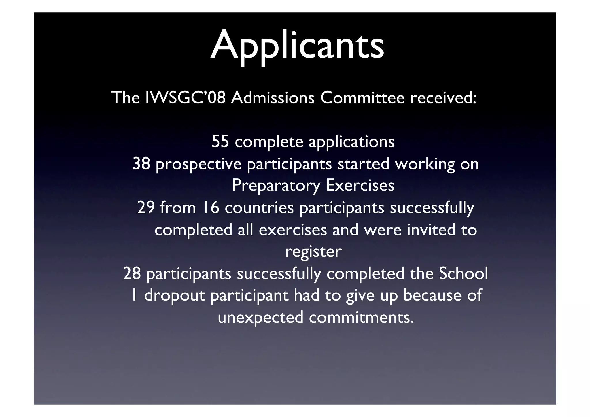 Applicants	

The IWSGC’08 Admissions Committee received:	

55 complete applications	

38 prospective participants started working on
Preparatory Exercises	

29 from 16 countries participants successfully
completed all exercises and were invited to
register	

28 participants successfully completed the School	

1 dropout participant had to give up because of
unexpected commitments.	

 