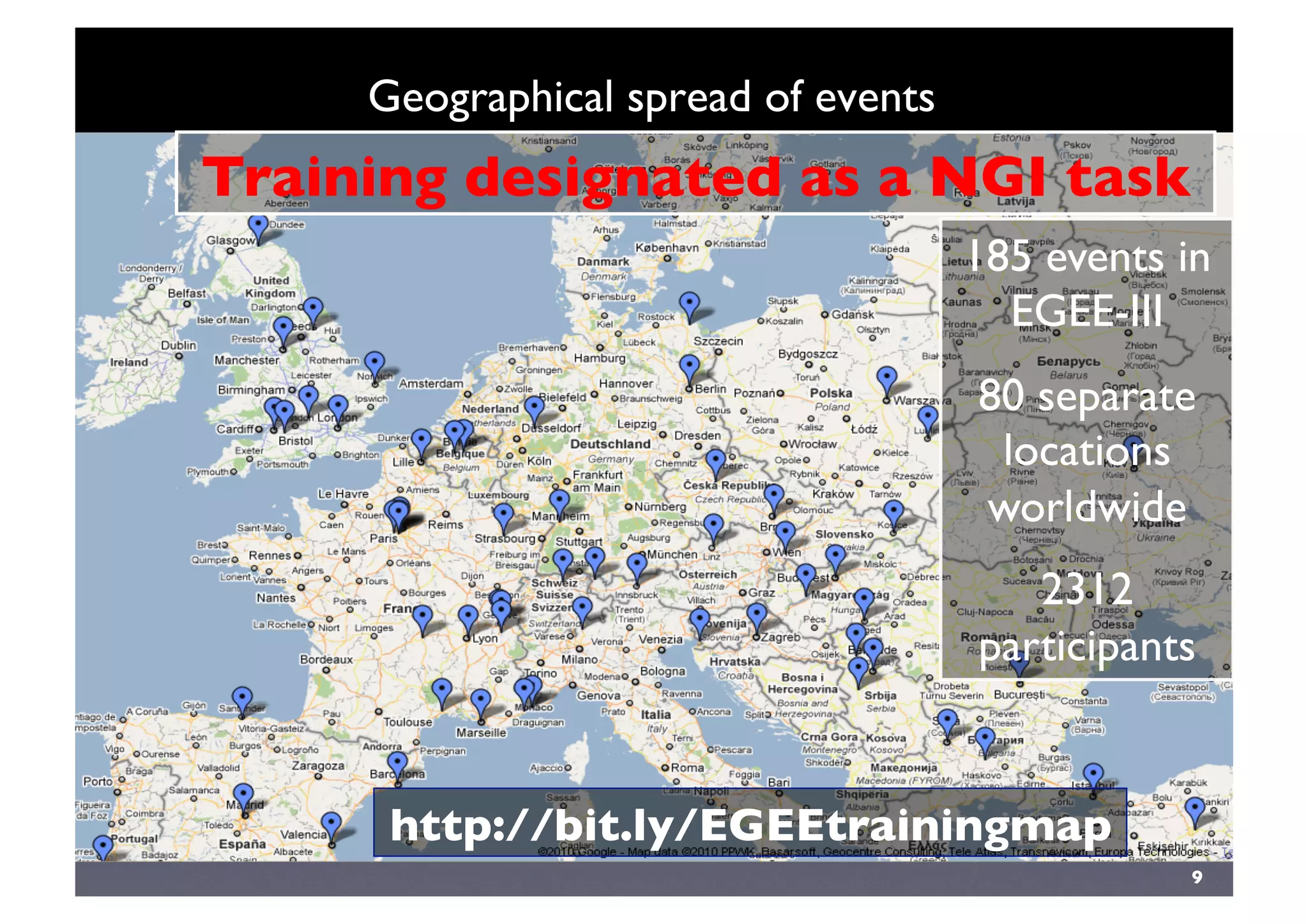 9	

Geographical spread of events	

http://bit.ly/EGEEtrainingmap	

185 events in
EGEE-III	

80 separate
locations
worldwide	

2312
participants	

Training designated as a NGI task	

 