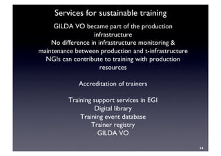 Services for sustainable training	

GILDA VO became part of the production
infrastructure	

No difference in infrastructure monitoring 
maintenance between production and t-infrastructure	

NGIs can contribute to training with production
resources	

Accreditation of trainers	

Training support services in EGI	

Digital library	

Training event database	

Trainer registry	

GILDA VO	

14	

 