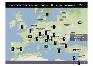 Location of accredited trainers (Current; increase in Y2)	

22	

6
2
717	

1
3
8	

7
16	

5
3
1	

2
15	

2
5
2
1
4
7
1	

Taiwan – 8	

Australia – 1	

Japan - 1	

5	

3
+2	

+3	

 +2	

+5	

+16	

 