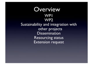 Overview	

WP1	

WP2	

Sustainability and integration with
other projects	

Dissemination	

Resourcing status	

Extension request	

 