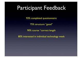 Participant Feedback	

93% completed questionnaire	

75% structure “good”	

90% course “correct length	

80% interested in individual technology week	

 