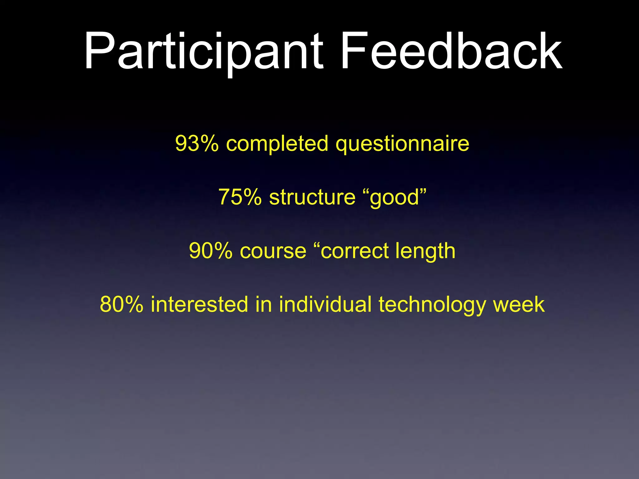 Participant Feedback
93% completed questionnaire
75% structure “good”
90% course “correct length
80% interested in individual technology week
 