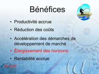 Bénéfices
• Productivité accrue
• Réduction des coûts
• Accélération des démarches de
développement de marché
• Élargissement des horizons
• Rentabilité accrue
 