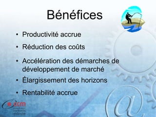 Bénéfices
• Productivité accrue
• Réduction des coûts
• Accélération des démarches de
développement de marché
• Élargissement des horizons
• Rentabilité accrue
 