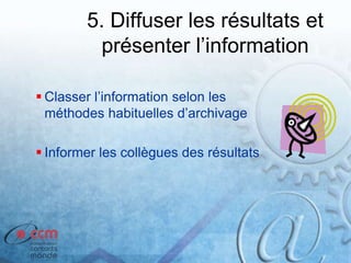 5. Diffuser les résultats et
présenter l’information
 Classer l’information selon les
méthodes habituelles d’archivage
 Informer les collègues des résultats
 