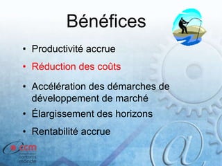 Bénéfices
• Productivité accrue
• Réduction des coûts
• Accélération des démarches de
développement de marché
• Élargissement des horizons
• Rentabilité accrue
 