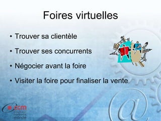 Foires virtuelles
• Trouver sa clientèle
• Trouver ses concurrents
• Négocier avant la foire
• Visiter la foire pour finaliser la vente
 
