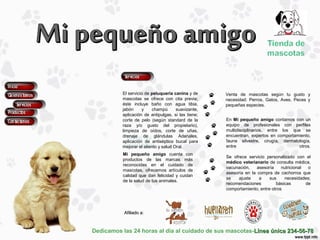 Dedicamos las 24 horas al día al cuidado de sus mascotas-Línea única 234-56-78Línea única 234-56-78
Afiliado a:Afiliado a:
Venta de mascotas según tu gusto y
necesidad: Perros, Gatos, Aves, Peces y
pequeñas especies.
El servicio de peluquería canina y de
mascotas se ofrece con cita previa;
éste incluye baño con agua tibia,
jabón y champú suavizante,
aplicación de antipulgas, si las tiene;
corte de pelo (según standard de la
raza y/o gusto del propietario),
limpieza de oídos, corte de uñas,
drenaje de glándulas Adanales,
aplicación de antiséptico bucal para
mejorar el aliento y salud Oral.
Mi pequeño amigo cuenta con
productos de las marcas más
reconocidas en el cuidado de
mascotas, ofrecemos artículos de
calidad que dan felicidad y cuidan
de la salud de tus animales.
En Mi pequeño amigo contamos con un
equipo de profesionales con perfiles
multidisciplinarios, entre los que se
encuentran, expertos en comportamiento,
fauna silvestre, cirugía, dermatología,
entre otros.
Se ofrece servicio personalizado con el
médico veterianario de consulta médica,
vacunación, asesoría nutricional o
asesoría en la compra de cachorros que
se ajuste a sus necesidades;
recomendaciones básicas de
comportamiento, entre otros
 